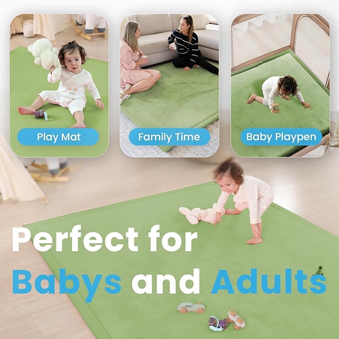 1.3" Thick Baby Floor Play Mat, 59x79 Padded Foam Tummy Time Crawling Mat, Non-Slip Water-Repellent Soft Plush Nursey Area Rug for Playroom Living Room (Olive Green)