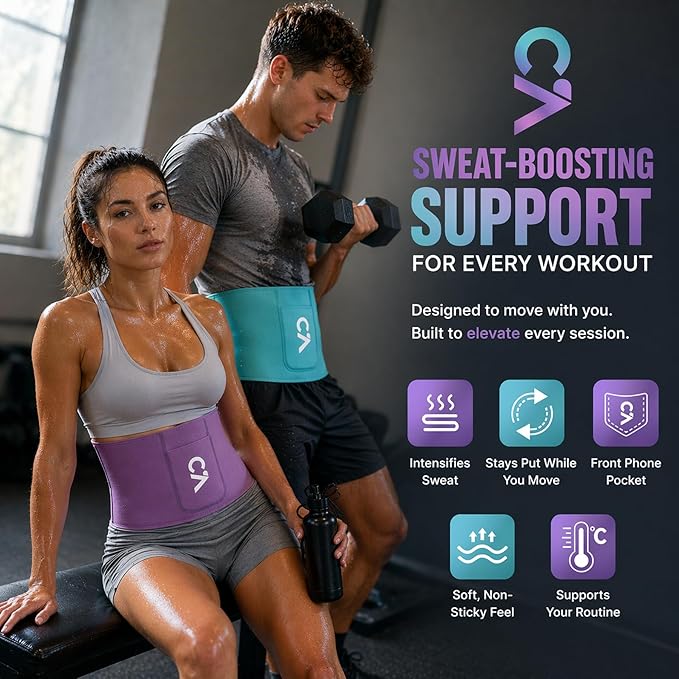 Waist Trimmer Belt for Men & Women – Silver Ion Sweat Belt, Anti-Slip Sauna Trainer, With Pocket & Precision Fit