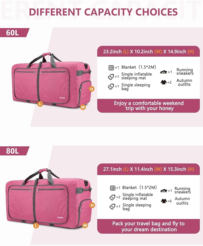 Gonex Large Foldable Travel Duffle Bag with Shoes Compartment, Packable Lightweight Water Repellent Duffel Bag for Camping Gym Weekender Bag
