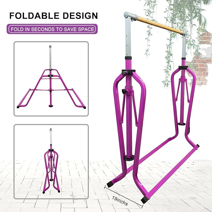 Foldable & Moveable Gymnastics Horizontal Bar with Rings,3’to 5’Adjustable Height Expandable Junior Kip Bar for Home,Indoor Gym Equipment for Kids