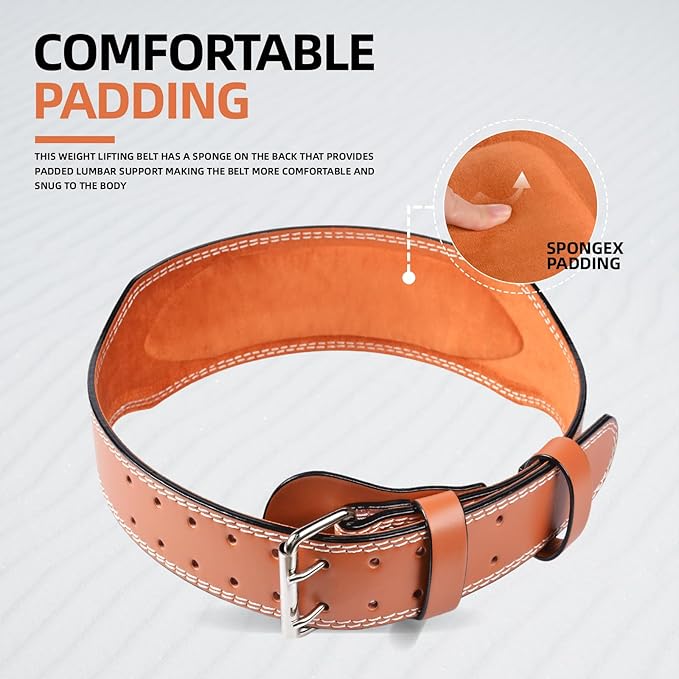 Leather Weight Lifting Belt, 4”& 6”Padded Lumbar Back Support, 10 Adjustable Holes, Gym Weight Belt Ideal for Deadlift, Powerlifting, Bodybuilding and Squat
