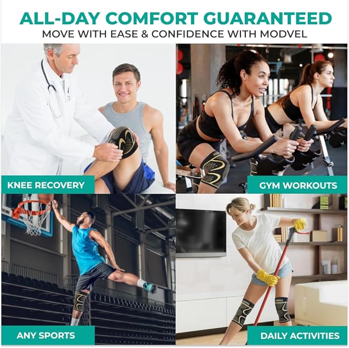 Modvel Knee Braces for Women & Men – 2 Pack Brace Set, Compression Sleeves for Meniscus Tear, ACL & Arthritis Pain Relief, Joint Support and Stability – Copper XXXL