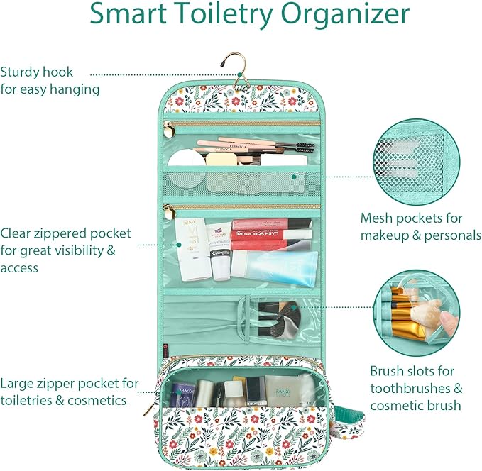 Fintie Portable Toiletry Cosmetic Travel Bag, Large Water Resistant Hanging Makeup Organizer Storage Pouch Case for Women Girls, Spring