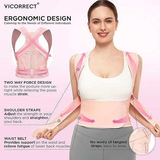 Vicorrect Posture Corrector for Women and Men: Back Support Brace Relieve Upper Back Shoulders Pain (Pink, Large)