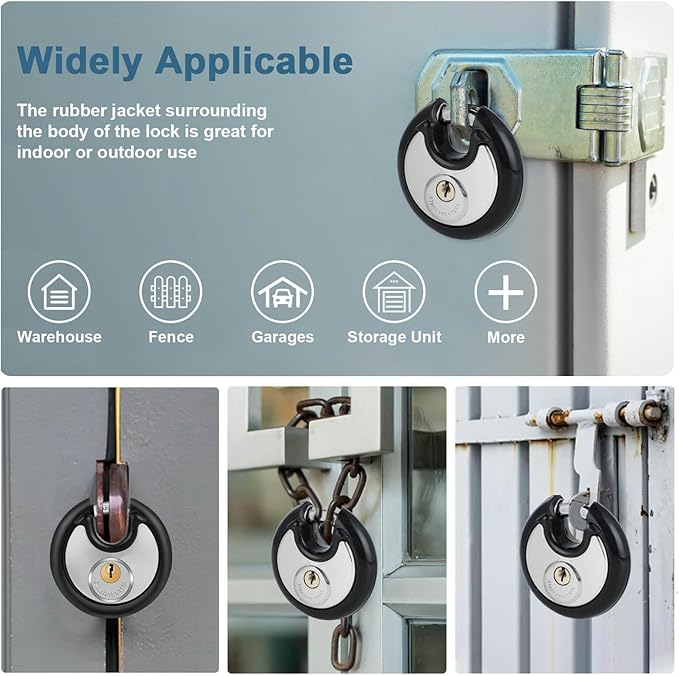 DAYGOS Heavy Duty Padlock with 8 Keys, 70mm Disc Keyed Lock for Storage Shed, Garage, Storage Lockers, Sliding Doors, Tool Box, and Cabinets (4 Pack Keyed-Alike, 3/8-Inch Shackle, Rubber Bumper)