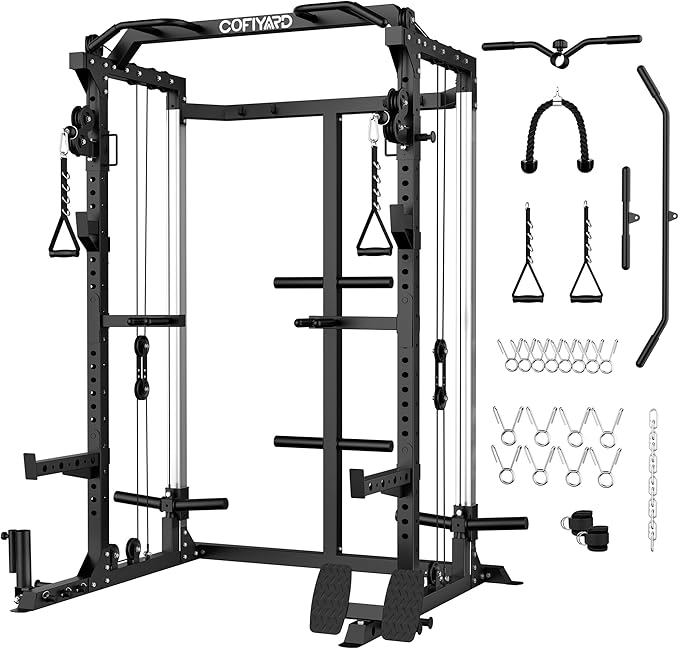 Cofiyard Power Cage, Power Rack with Dual Pulley System, Multi-Function Squat Rack with Cable Crossover, Home Gym Workout Machine