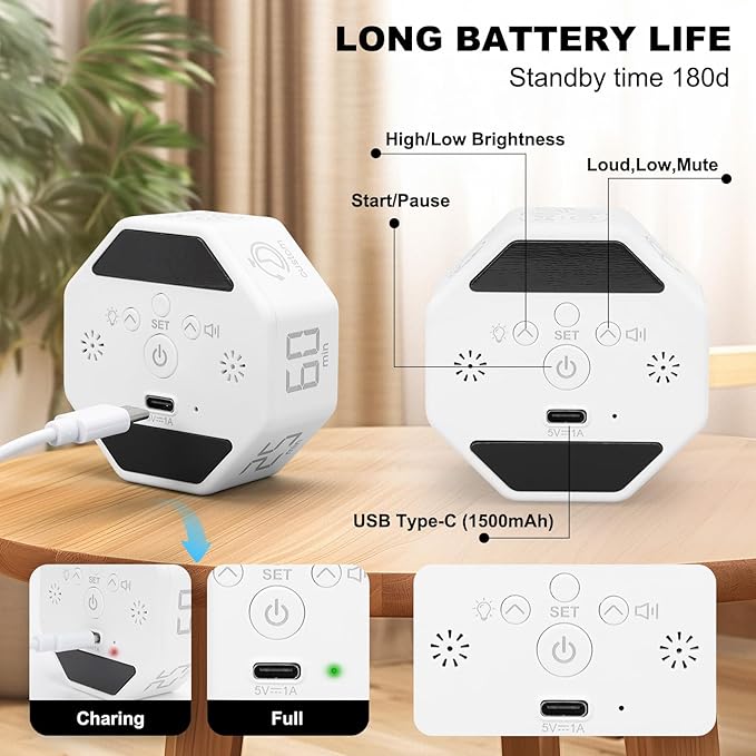 Small Productivity Timer - Pomodoro Timer with 3/5/10/25/60 Min Presets & Custom Countdown | Magnetic Rechargeable Digital Clock for Desk, Study and Games (White)