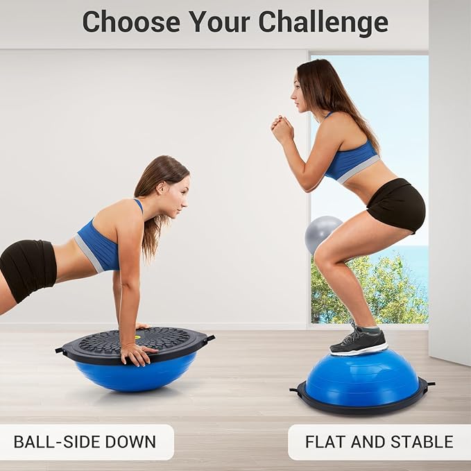 23/25In Half Balance Ball with Non-Slip Base, 1600Lb Capacity Stability Trainer for Core Workout, Includes Resistance Bands, Pump, and Bonus Ball, for Home Gym Stability Workouts