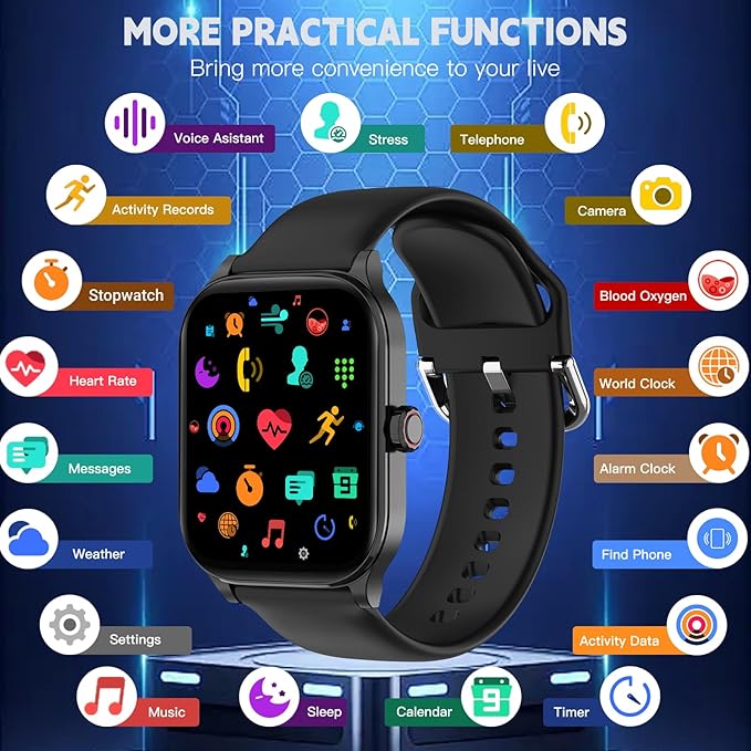 Smart Watch for Women Men(Answer/Make Call), Smartwatches with Heart Rate/SpO2/Sleep/Stress Monitor, IP68 Waterproof Activity Tracker for Android iPhone, 100+ Sports Fitness Watches (Black, 2.01“)