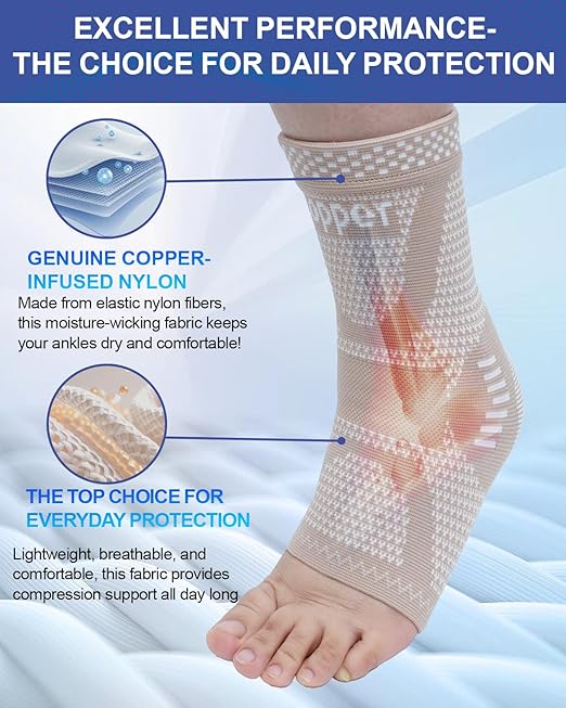 LISEPWU Copper Ankle Brace, Copper Infused Ankle Support Compression Sleeve for Men & Women, for Foot Pain Relief, Sprained Recovery, Achilles Tendonitis, Daytime or Night Use(Skin White L)