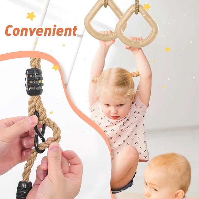 YAERSI Wooden Gymnastics Rings,Pull up Rings with Adjustable Buckle, Wooden Swing Rings for Kid's Home Exercise