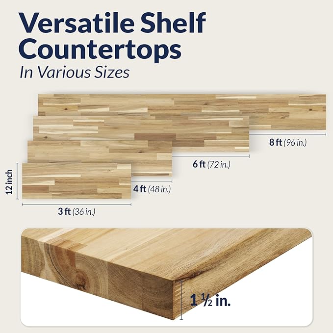 Howizz Acacia Butcher Block Shelf 12" x 8ft x 1.5" Inches, Unfinished Solid Wood Shelf Board, Wooden Plank Board