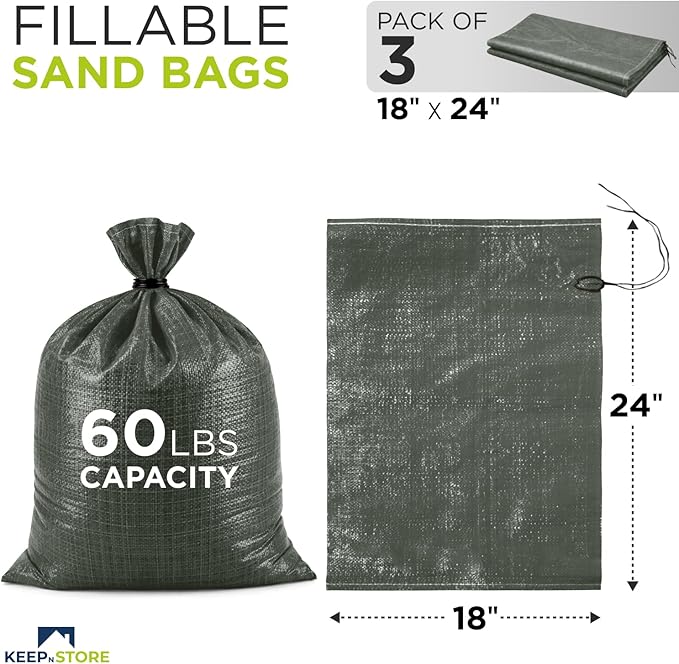 Heavy Duty Sand Bags Pack of 3, Army Green Empty Sandbags with Built-In Ties, Woven Polypropylene UV Protection 1600 Hours, Fillable Bags for Flood Control, Weight, 18x24 inches, 60 Pounds Volume