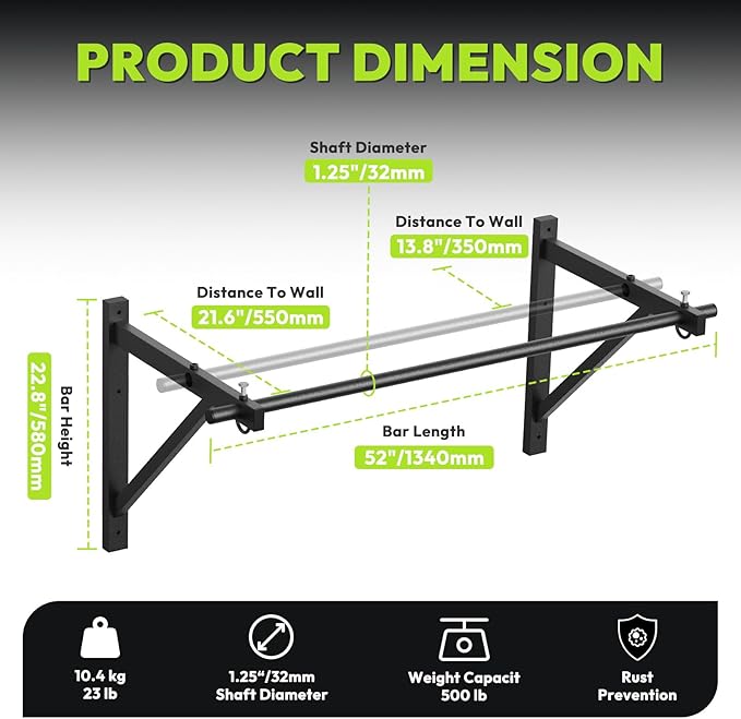 Pull Up Bar for Doorway and Wall Mount - Chin Up Bars for Home Gym, 36‘’/52‘’ in Upper Body Workout Equipment with 500 lbs Capacity, Portable Thickened Steel Construction, Joist Mounted