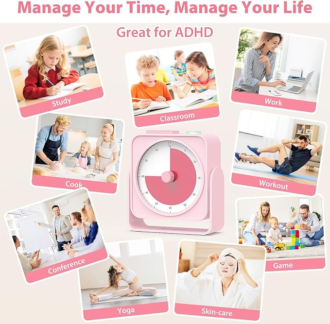 Rechargeable Visual Timer 60-Minute for Classroom Countdown Stopwatch Timer, w/Adjustable Stand for Homeschool Supplies Study Time Management Tool, for Desk Office Work Meetings, Mute Function, Pink