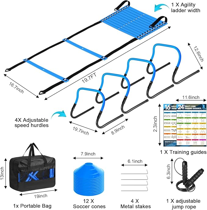 Agility Speed Training Equipment Set, Football Practise Set with 20ft Agility Ladder, 12 Cones, 4 Adjustable Hurdles, Jump Rope, for Basketball, Soccer Training, Football, Kids, Youth, Adults