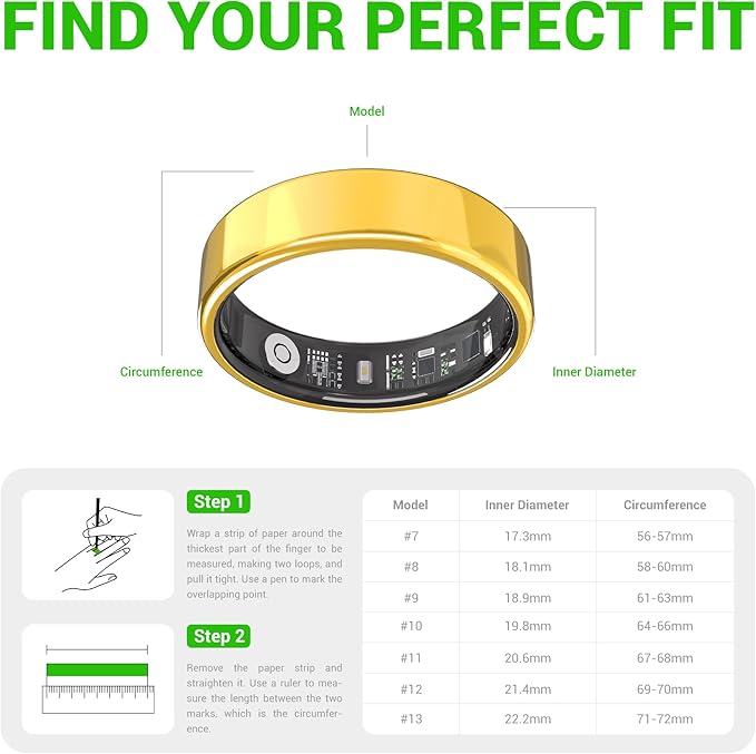 Smart Ring - Free Heart Rate SpO2 Sleep Tracker | No Subscription | IP68 Waterproof Fitness Tracker | 24/7 Activity Monitor | Step Counter & Stress Tracking | Sleep & Workout (Gold, 7)