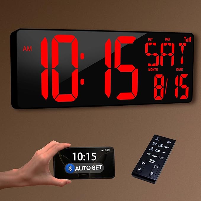Digital Wall Clock Large Display: 16.5" LED Digital Clock Bluetooth Sync with Remote Control Temperature Date Week Auto DST, Big Wall Clock for Bedreeom Kitchen Living Room Office Gym, Red