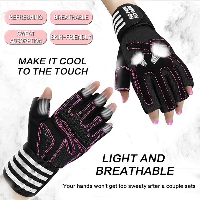 Weight Lifting Gloves for Women Gym Workout with Wrist Support,Padded Half Finger Gloves for Fitness Exercise