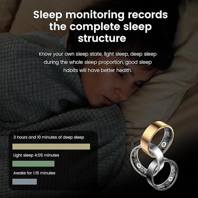 Smart Ring Health Tracker, Sleep&Exercise Monitor Heart Rate,Blood Oxygen,Fitness Trackers for Man&Women -Long Lasting Batteries,Waterproof Sleep Tracking Wearable (Silver, 12)