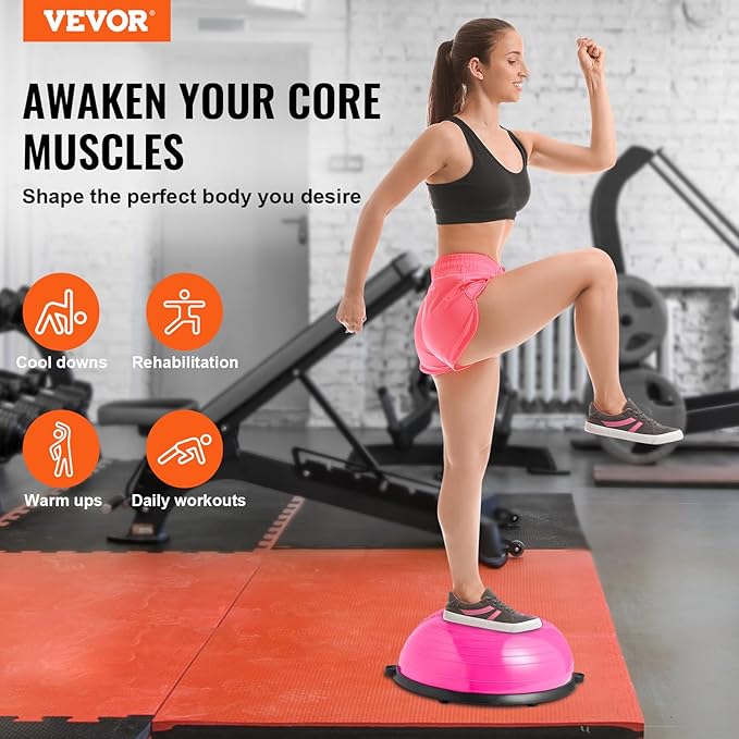 VEVOR Half Exercise Ball Trainer, 23/26 inch Balance Ball Trainer, 1500lbs Capacity Stability Ball, Yoga Ball with Resistance Bands & Foot Pump, Strength Fitness Ball for Home Gym Full Body Workout