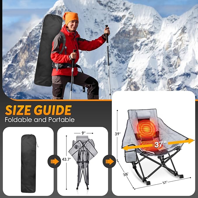 Suteck Heated Rocking Camping Chair - Oversized Heated Camping Chair W/20000mAh Power Bank & Carry Bag, Fully Padded Heated Chairs for Outdoor Sports W/3 Heat Levels for Back & Seat, Lawn Picnic Patio