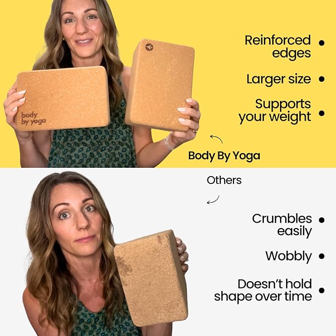 Cork Yoga Blocks 2 Pack – High Density Non Slip with Select Cork Grain for Chip-Resistant Durability | Extra Thick 4” for Support & Stability | Natural, Smooth, and Crumble Free | Body By Yoga