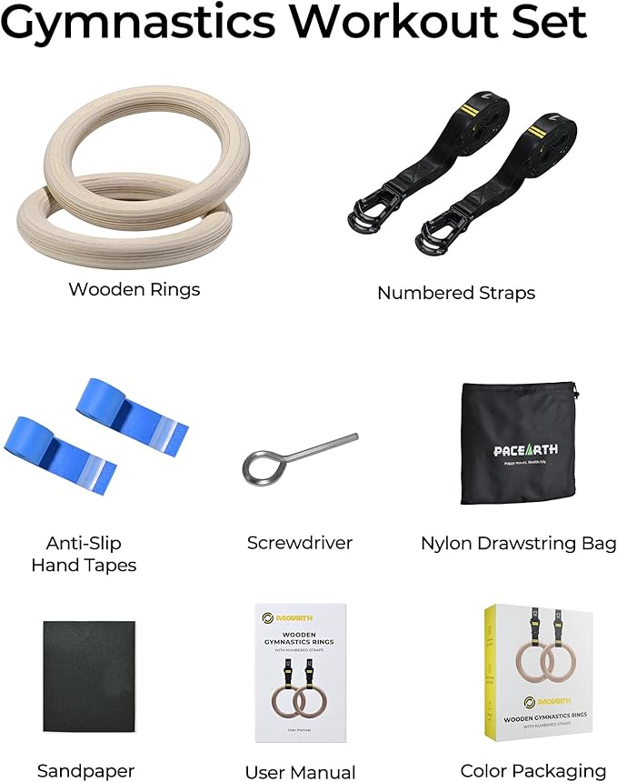 PACEARTH Gymnastics Rings 32mm Wooden Olympic Rings Support 1500lbs Locked Carabiners 9ft Double-Layer Numbered Straps Non-Slip Gym Rings with Foot Straps Door Anchor for Home Gym Full Body Workout