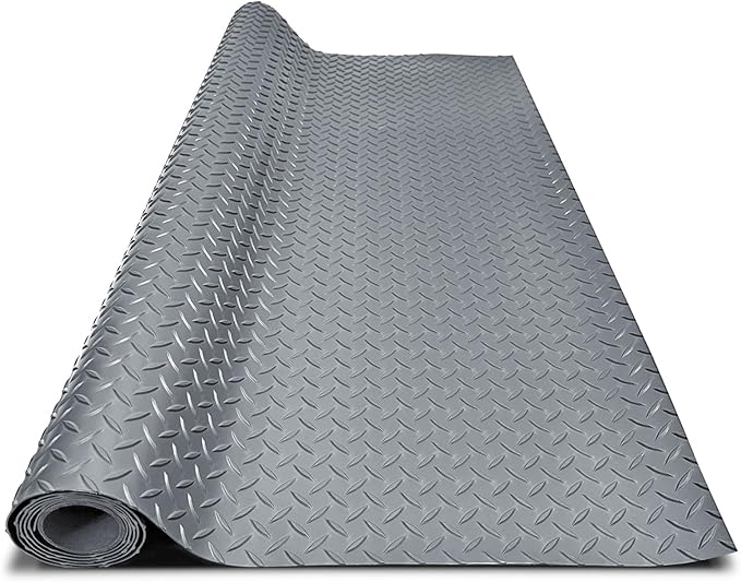 4x20FT Garage Floor Mat, 2.8mm Thickened Flooring Roll for Under Car, Golf Cart Parking Mat, Diamond Plate PVC Rubber Motorcycle Mat, Non-Slip Floor Protector for Garage Warehouse Trailer, Grey
