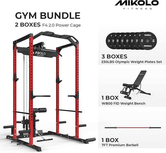 Mikolo F4 2.0 Power Cage with Dual-Track Smooth Pulley System, 1200LBS Power Rack with Leg Hold-Down for Heavy LAT Pulldowns, All-in-One Squat Rack with More Training Attachments for Home Gym