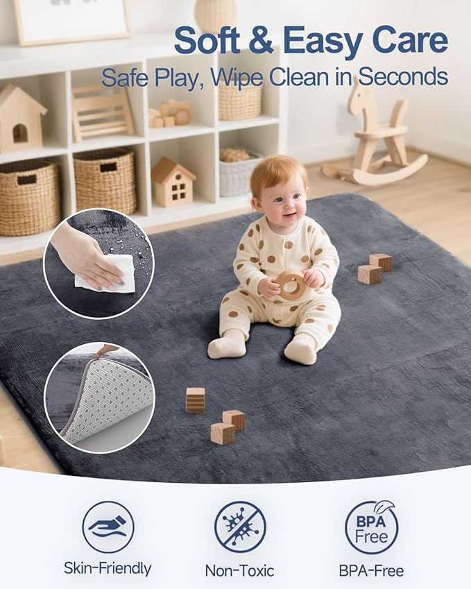 Thick Baby Play Mat for Floor,Padded Foam 47x47 Playpen Mat,Ultra Soft Support & Plush Feel Nursery Rug,Non Slip for Toddler,Infants,Kids Play,Yoga,Baby Crawling,Tummy Time (Dark Grey)