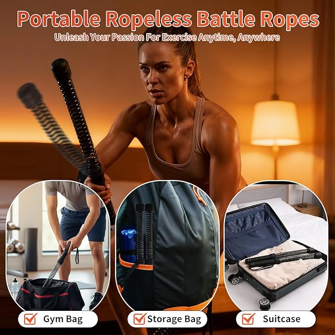 Premium Cordless Battle Ropes - Heavy Duty Ropeless Training Sticks for Home Gym with TPR Grips & Wrist Wraps，Portable Workout Equipment for HIIT, Strength & Cardio Training