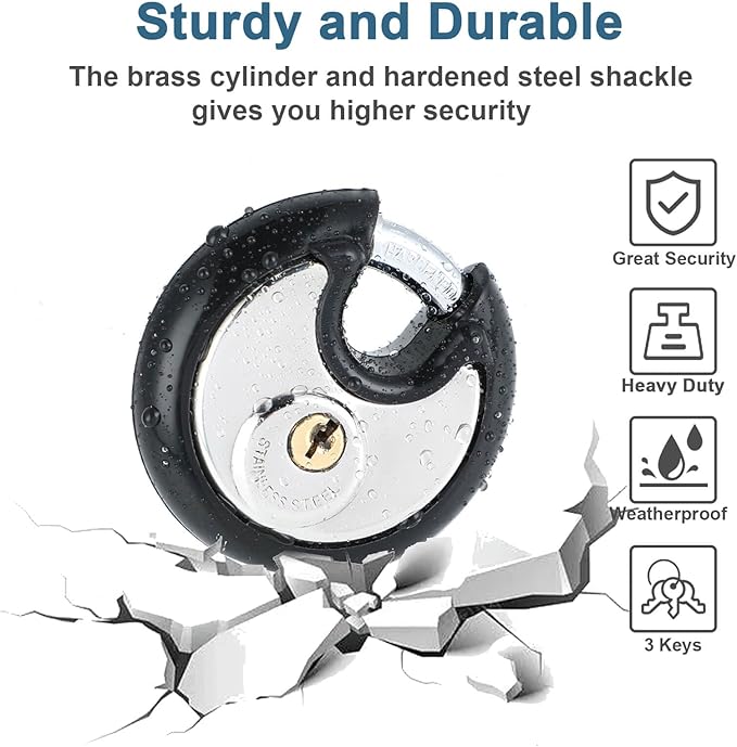 DAYGOS Heavy Duty Padlock with 8 Keys, 70mm Disc Keyed Lock for Storage Shed, Garage, Storage Lockers, Sliding Doors, Tool Box, and Cabinets (4 Pack Keyed-Alike, 3/8-Inch Shackle, Rubber Bumper)