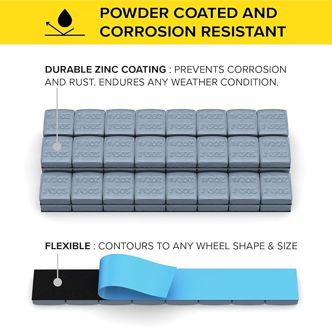 StanceMagic - 0.5oz 1/2oz - Gray Adhesive Stick On Wheel Weights, Easy Peel, Low Profile, Zinc Plated Steel Balancing Weights for Cars Bikes ATV UTV, 4 lb box (64oz), Contains 128 Pieces