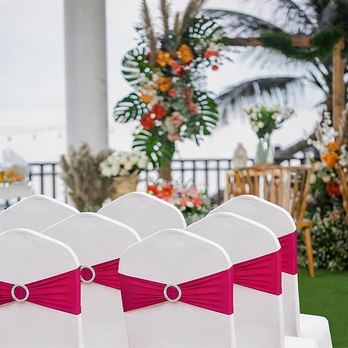 100 Pack Spandex Hot Pink Chair Sashes for Wedding - Stretch Fuchsia Chair Bows Sash Bands with Buckle for Party Birthday Banquets Bridal Baby Shower Events Decorations