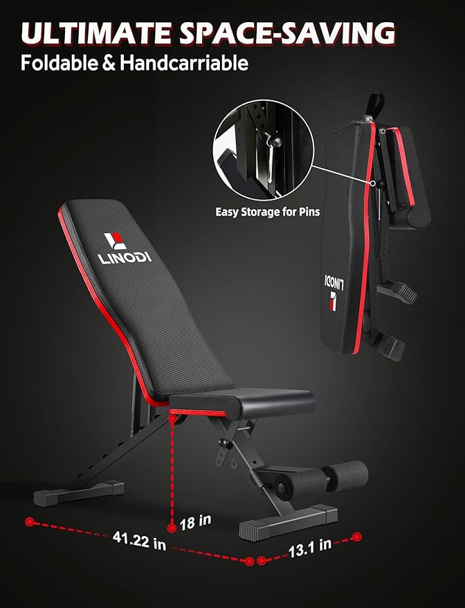 LINODI Adjustable Weight Bench for Home Gym，Foldable Incline Decline Flat Workout Bench for Full Body Strength Training, Dumbbell Press & Ab Exercises