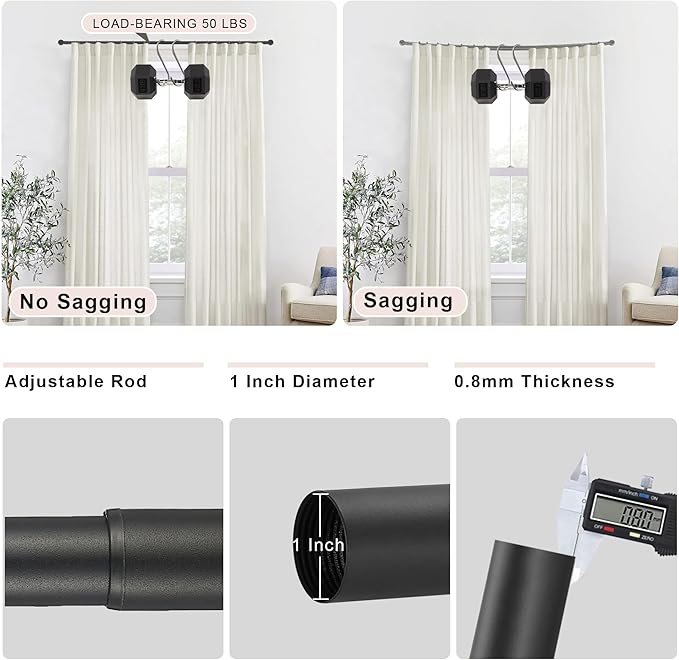 Black Curtain Rods, 66-120" Wrap Around, Aluminum, 1 Inch Diameter, 50 lb Capacity, Blackout, Room Darkening