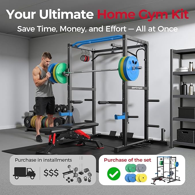 Sportsroyals Squat Rack, LAT Power Cage, Power Rack Multi-Function with Pulley System and Training Attachments for Home Gym