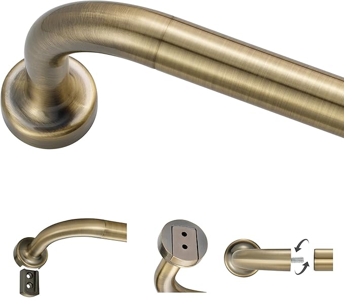 Antique Bronze Curtain Rods for Windows 28 to 48",1 Inch Disc Wrap Around Curtain Rod with Aluminum Finials and Brackets,No Screw Disassembly Adjustable Blackout Curved Room Darkening Curtain Rod