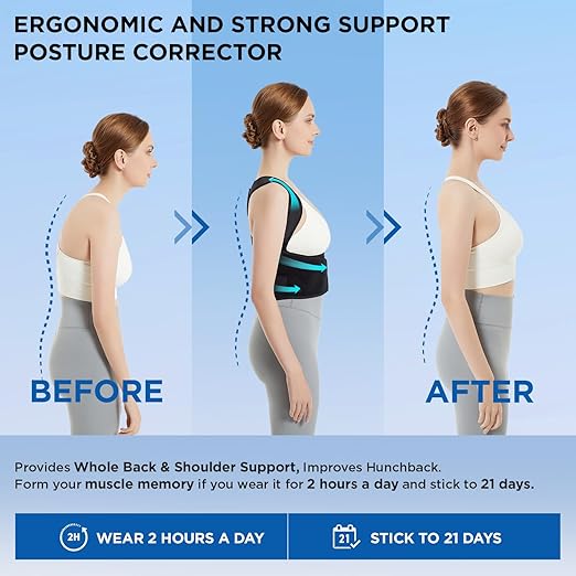 Vicorrect Posture Corrector for Women and Men: Back Support Brace Relieve Upper Back Shoulders Pain (Black, Large)