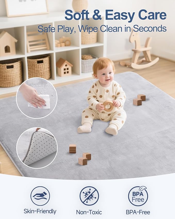 Large Thick Baby Play Mat for Floor,Padded 74x50 Playpen Mat,Foam Tummy Time Mat,Soft Support&Plush Feel Nursery Rug,Non Slip for Toddler,Infants,Kids Play,Yoga,Baby Crawling Mat (Light Grey)