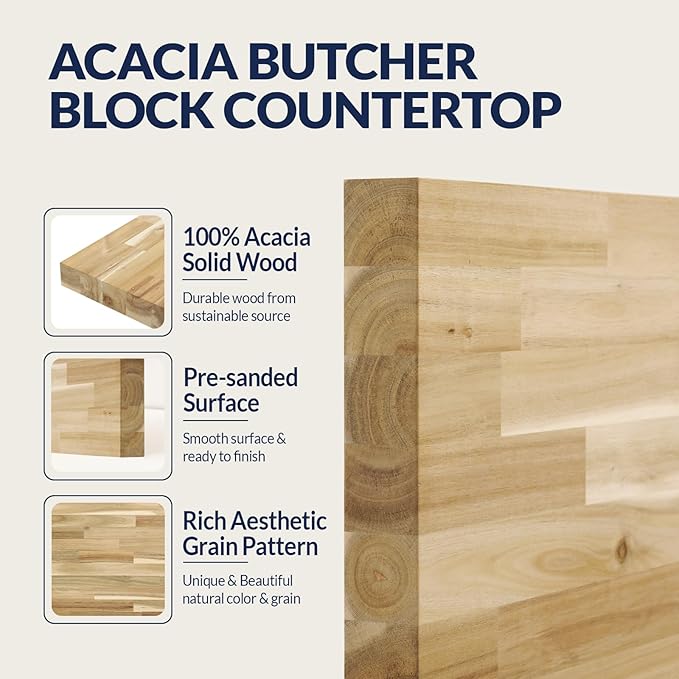 Howizz Acacia Butcher Block Countertop 48 x 25 x 1.5 Inches, Unfinished Solid Wood Table Top for DIY Desk Top, Workbench Top, Kitchen Countertop