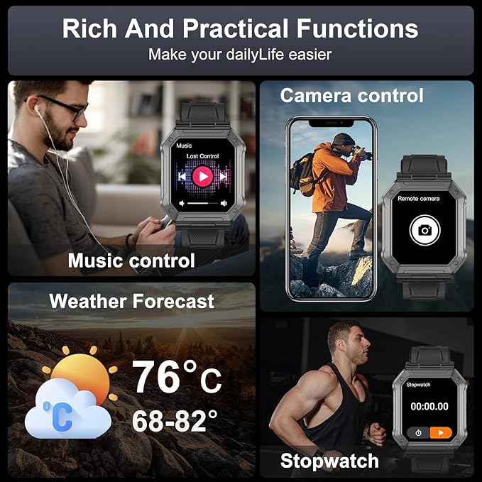 Smart Watch for Men Fitness Tracker: Military Digital Mens Watches Bluetooth Make Answer Call Running Waterproof Smartwatch Android Phones iPhone Samsung Compatible Heart Rate Monitor Step Pedometer