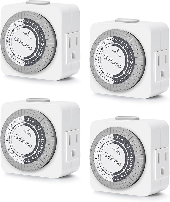 G-Homa Timers for Electrical Outlets, 24 Hour Indoor Plug-in Mechanical Timer Mini, 30 Minute Intervals, 3-Prong, Daily On/Off Cycle, for Lights, Lamps (4-Pack, ETL Listed)