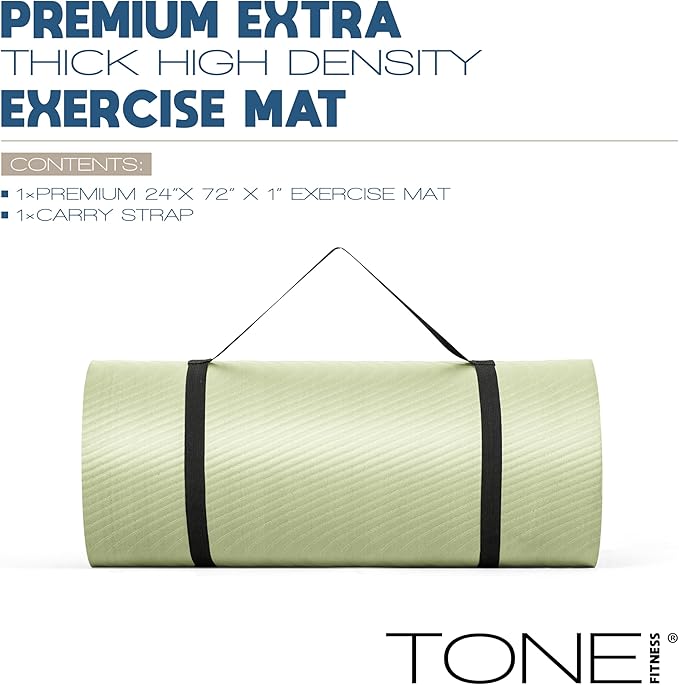Tone Fitness 1-Inch Thick Yoga Mat | High-Density, Non-slip Exercise Mat with Carrying Strap for Yoga, Pilates, & Home Gym Workouts | Multiple Options