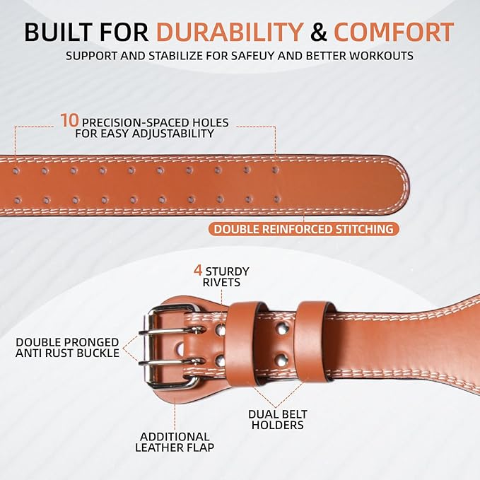 Leather Weight Lifting Belt, 4”& 6”Padded Lumbar Back Support, 10 Adjustable Holes, Gym Weight Belt Ideal for Deadlift, Powerlifting, Bodybuilding and Squat