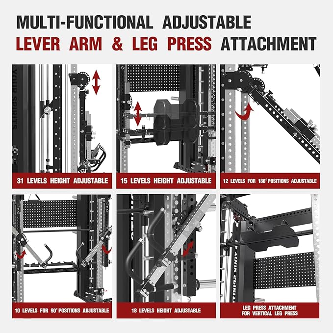 Commercial Smithe Machine with Dual Weight Stacks, Power Cage Squat Rack with Lever Arm & Leg Press Attachment, Multi-Function Linear Bearing Cable Crossover Machine for Home Gym