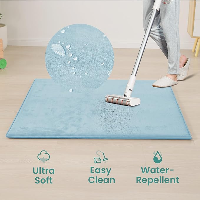 Huloo Sleep Baby Play Mat for Floor,1.3" Thick Elasti-Foam 50"×74" Playpen Mat for Tummy Time,Water Repellent Soft Coral Velvet for Toddler,Infant,Kids,Non-Slip Backing Safe for Crawling(Light Blue)