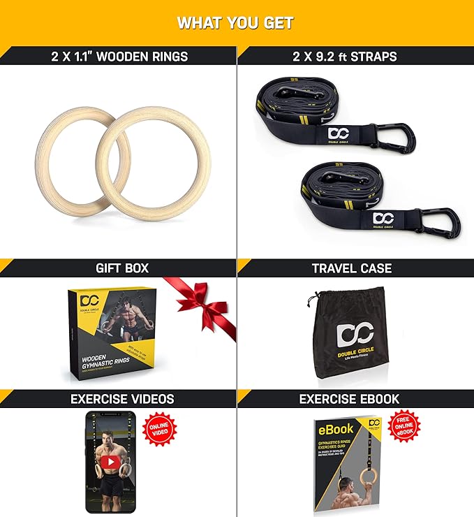 Double Circle Wood Gymnastics Rings with Quick Adjust Numbered Straps and Exercise Videos Guide - Full Body Workout Rings, Calisthenics, Home Gym (Multi-Size)