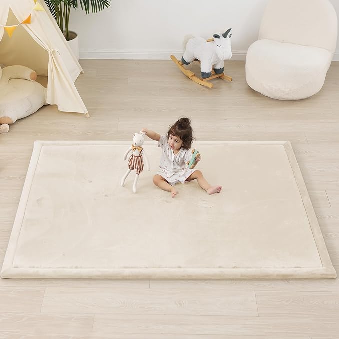 1.5" Thick Baby Play Mat for Floor Tummy Time, Large Pro Soft Foam Activity Playmats Playroom, Easy Care with Non-Slip Safe for Infant Toddler Kids Crawling79 x 118" (Beige)